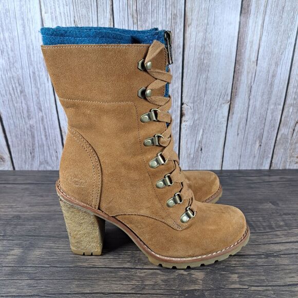 UGG Fabrice Chestnut Block Heel Lace Up Wool Lined Boots Women's Sz 6.5 (GUC) - Picture 3 of 9